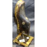 Ornate metal bound clog on base, H: 33 cm. P&P Group 2 (£18+VAT for the first lot and £3+VAT for