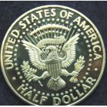 1964 - Gold Plated Half Dollar Restrike - 40mm diameter. P&P Group 1 (£14+VAT for the first lot