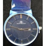 New boxed Henry Bridges blue dial wristwatch on a blue leather strap, working at lotting. P&P