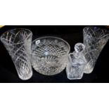 Pair of large crystal glass vases, H: 30 cm, large punch bowl and a decanter with stopper. This