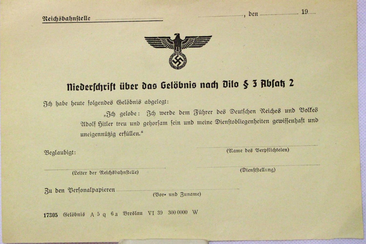 German Third Reich Oath of Office, printed page, unused. P&P Group 1 (£14+VAT for the first lot