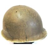 WWII Normandy Relic US M1 helmet, early fixed bale with front seam split ream. Found in a cellar