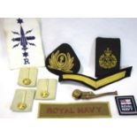 British Royal Navy cloth badges, insignia and a bosuns whistle. P&P Group 1 (£14+VAT for the first