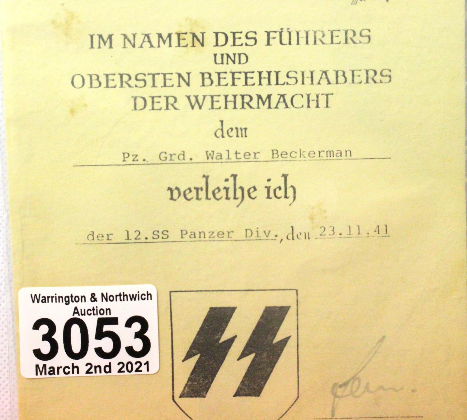 PZR GRD WALTER BECKERMAN of 12th SS Panzer Division, a memorial certificate dated 1941. P&P Group - Image 2 of 2