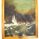 Framed oil on canvas depicting The Battle of Jutland 31st May - 1st June 1916, unsigned, 50 x 70 cm.