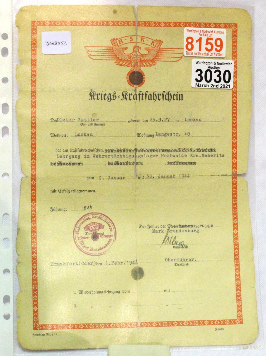 German WWII NSKK certificate, named to Dieter Sattler and dated 1944, inscribed verso, with some