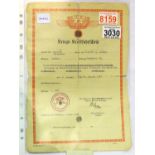 German WWII NSKK certificate, named to Dieter Sattler and dated 1944, inscribed verso, with some