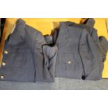British Post-War RAF two piece uniform, a further tunic, beret, and a Flight Sergeant overcoat. P&