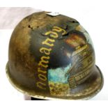 WWII Normandy Battlefield found relic US M1 helmet with Post War memorial painting. P&P Group 2 (£