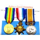 1023 GNR A HASELEY RA, British WWI medal trio, comprising BWM, 1914-15 Star and a later named