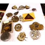 Collection of predominantly British WWI and later uniform and cap badges, including a Womens 1916