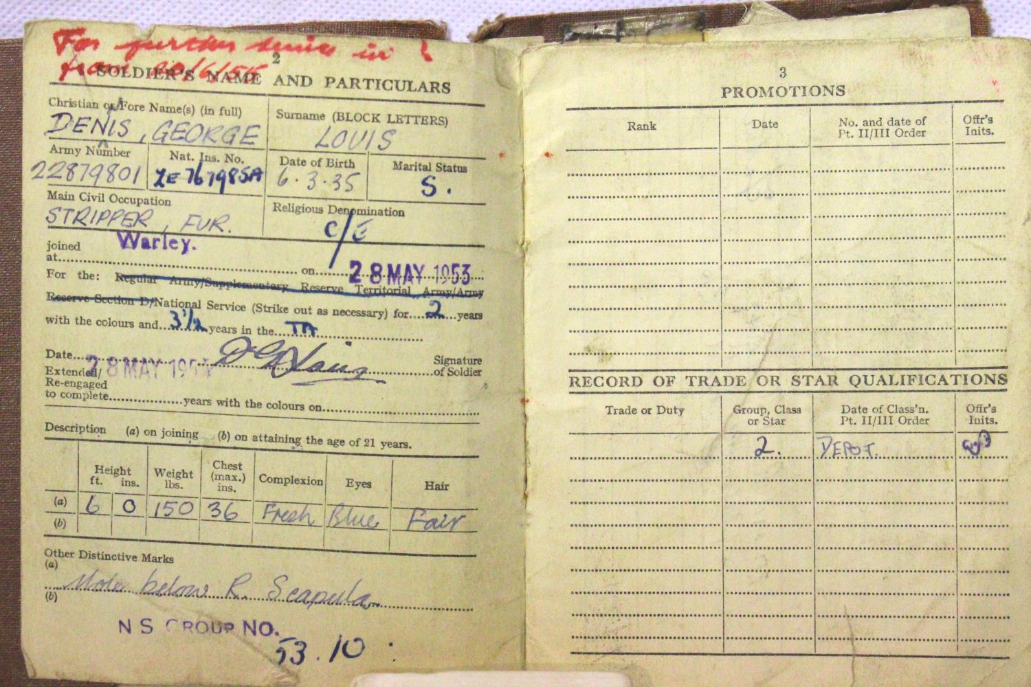 22879801 Denis George Louis, Soldiers Record and Pay Book, 1953 onwards, with shoulder title to - Image 2 of 2