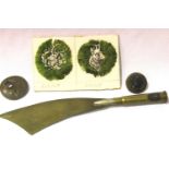 Two early British military badges, trench art letter opener etc. P&P Group 1 (£14+VAT for the