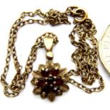 9ct gold garnet set pendant on a 9ct gold chain, 3.1g. P&P Group 1 (£14+VAT for the first lot and £