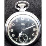 Smiths Empire chromium cased black dial pocket watch with luminous hands and subsidiary seconds