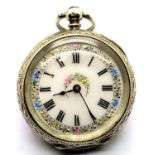 Continental 935 silver cased ladies fob watch, the enamel and gilt dial set with roman chapters,