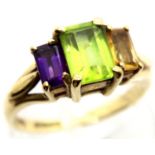 9ct gold ring set with amethyst, green and yellow stones, size I, 2.9g. P&P Group 1 (£14+VAT for the