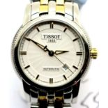 Ladies Tissot automatic wristwatch with white dial, two tone metallic bracelet and original box. P&P