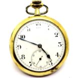 Seven jewel Swiss crown wind pocket watch, the gold plated case housing enamel dial with