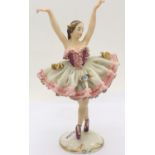 Dresden lacework, small ballerina dancer on base, bisque porcelain, marked Alka Dresden, H: 16 cm.