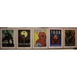Five framed Marvel Comics prints 60 x 80 cm. Not available for in-house P&P, contact Paul O'Hea at