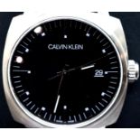 Gents Calvin Klein wristwatch on leather strap, new and boxed. Dial D: 34 mm. P&P Group 1 (£14+VAT