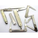 Collection of vintage silver plate and other bound penknives, all with steel blades, seven in total.