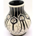 Moorcroft black and white trial vase in the Peacock Parade pattern, H: 16 cm. P&P Group 2 (£18+VAT