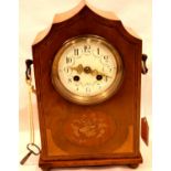 Edwardian twin handled inlaid oak chiming mantel clock with boxwood string inlay and scalloped top