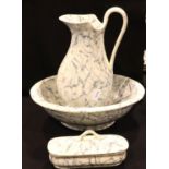 Ceramic jug bowl and soap dish, jug H: 44 cm. Not available for in-house P&P, contact Paul O'Hea