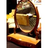 Edwardian inlaid mahogany toilet mirror with three drawer serpentine base, overall H: 74 cm. Not