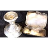 Hallmarked silver cigarette case, 40g, and a scrap silver stub candlestick, 35g. P&P Group 1 (£14+
