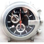 Gents Gucci chronograph wristwatch, having a black dial, stainless steel body and bracelet in