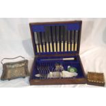 Mahogany cased canteen of silver plated flatware, and a silver plated swing handled basket. P&P