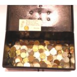 Cash box containing quantity of world coins. P&P Group 3 (£25+VAT for the first lot and £5+VAT for