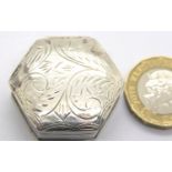 Sterling silver hexagonal pill box with engraved decoration, D: 35 mm. P&P Group 1 (£14+VAT for