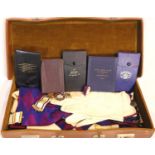 Masonic briefcase containing apron and three jewels. P&P Group 3 (£25+VAT for the first lot and £5+