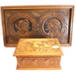 German heavily carved oak panel /tray depicting a lady and gentleman 42 x 36 cm and a similarly
