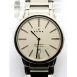 Edox Les Bemonts steel cased ultra slim date wristwatch on a steel bracelet. P&P Group 1 (£14+VAT