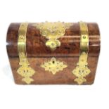 19th century burr walnut domed casket with brass fittings and original interior, 24 x 13 x 16 cm.