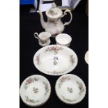 Royal Albert coffee pot, sugar bowl and milk jug, with seven bowls, in the Moss Rose pattern. P&P