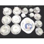 Six Royal Doulton Pastorale trios, cake plate, milk jug and sugar, with Wedgwood coffee cups and