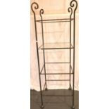 A large modern wrought iron display stand with four glass shelves, 69 x 69 x 213H cm. Not