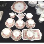 Six Royal Albert Serena pattern trios; tea pot, milk jug, sugar bowl and two cake plates. P&P