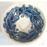 Moorcroft footed bowl in the Blue Feathers pattern, D: 12 cm. P&P Group 1 (£14+VAT for the first lot
