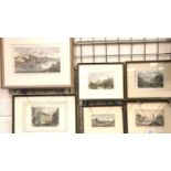 Six framed antiquarian hand coloured engravings, largest 27 x 15 cm, including River Dee at Chester.