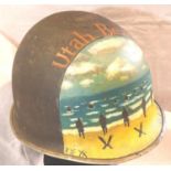 WWII Normandy relic US fixed Bale M1 helmet with post war memorial painting, P&P Group 2 (£18+VAT