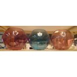 Three coloured glass globular light shades. Not available for in-house P&P, contact Paul O'Hea at