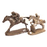 Two cast horses and jockeys, both with ear damage and the smaller example has a re-glued tail. P&P