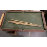 Antique EJ Riley Accrington slate billiard/snooker table, in need of recovering, with cues, 165 x 88